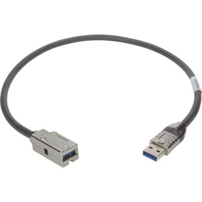 Przewód komputerowy z prostokątnym złączem po jednej stronie i złączem USB po drugiej stronie, leżący na białym tle.