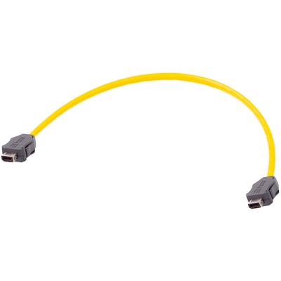 Żółty kabel sieciowy z szarymi wtykami na obu końcach, na białym tle.