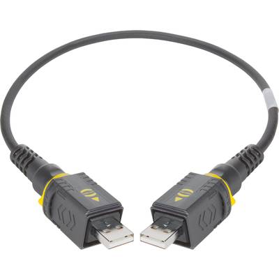 Czarny kabel USB z wtyczkami USB-A po obu stronach, przeznaczony do przesyłania danych lub łączenia urządzeń, na jasnym tle.