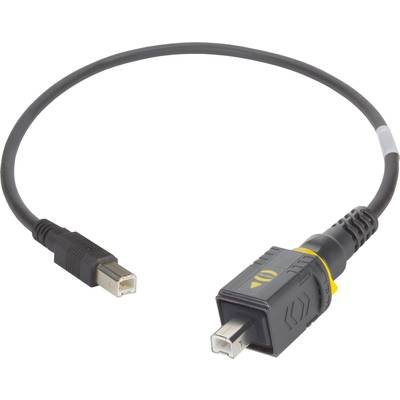 Kabel z prostokątną wtyczką na jednym końcu i złączem kwadratowym na drugim końcu, na białym tle.