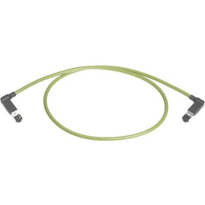 Zielony, kątowy kabel Ethernet z wtykami na obu końcach, odpowiedni do połączeń sieciowych.