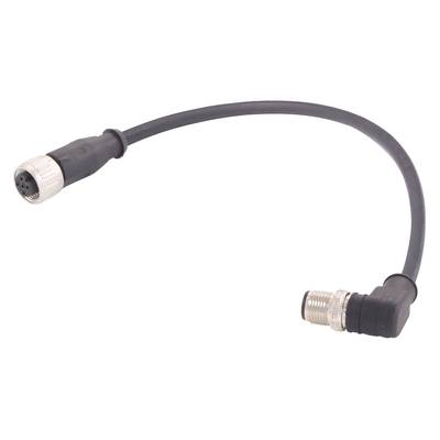 Czarny kabel z wtyczką kątową i złączem okrągłym, przeznaczony do zastosowań przemysłowych i sensorycznych.