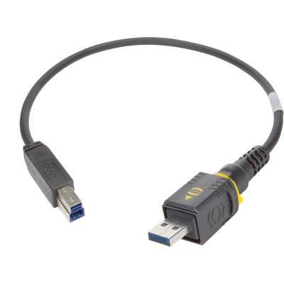 Kabel USB-A do USB-B. Po lewej stronie wtyczka USB-B, po prawej stronie wtyczka USB-A.