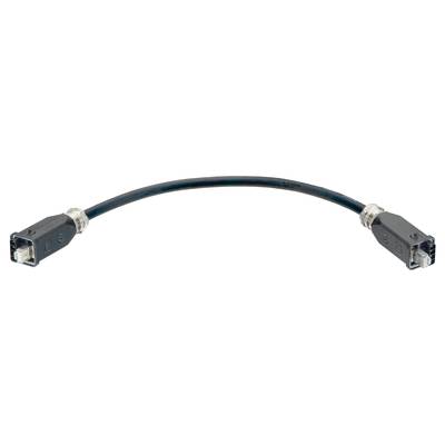 Czarny kabel z dwoma identycznymi wtyczkami na końcach, typowy dla połączeń w technice komputerowej lub sieciowej.