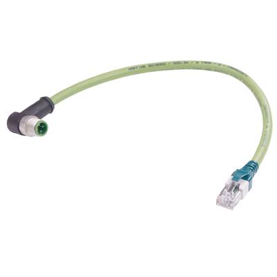 Przemysłowy kabel sieciowy z zieloną izolacją, zakończony prostokątną wtyczką RJ45 po jednej stronie i wtyczką okrągłą po drugiej stronie.