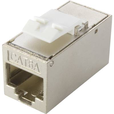 Srebrny adapter gniazda sieciowego CAT6A, o prostokątnym kształcie, z widocznym napisem 'CAT6A' na przedniej stronie.