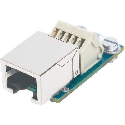 Gniazdo Ethernet zamontowane na zielonej płytce drukowanej, z śrubami i plastikową osłoną złącza kablowego z prawej strony za gniazdem.