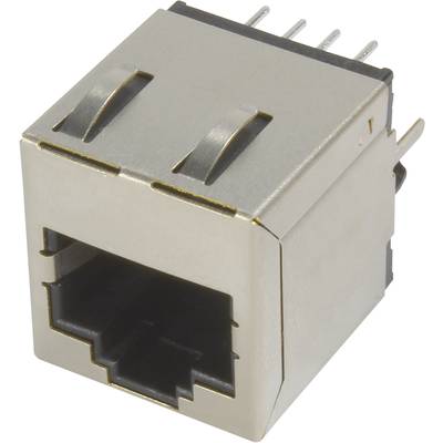 Złącze Ethernet, głównie stosowane w sieciach przewodowych, z metalową obudową i ośmioma wtyczkami.