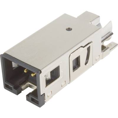 Metalowy moduł gniazda RJ45 z dwoma złączami Ethernet, odpowiedni do okablowania sieciowego, widoczny z góry od prawej strony.