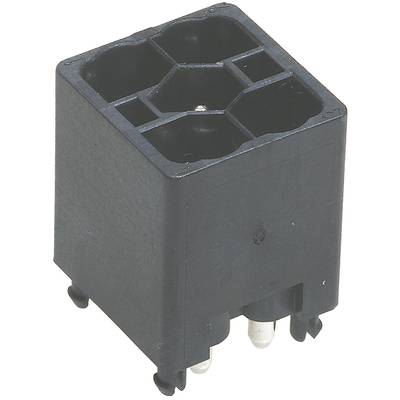 Czarny element elektroniczny z wieloma stykami, prawdopodobnie złącze lub przekaźnik, na białym tle.