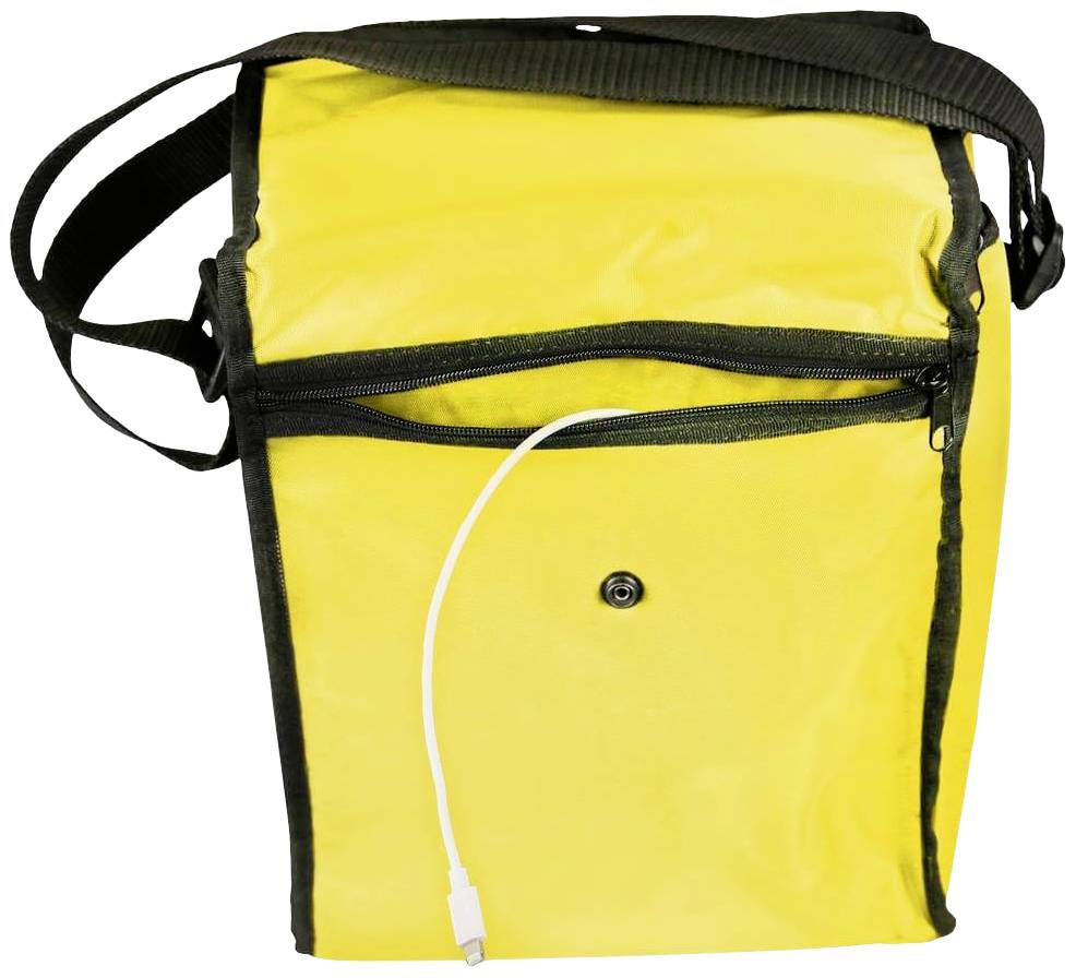 Żółta torba na ramię z czarnym zamkiem błyskawicznym i paskiem na ramię. Z przodu przez małe wycięcie wystaje kabel.