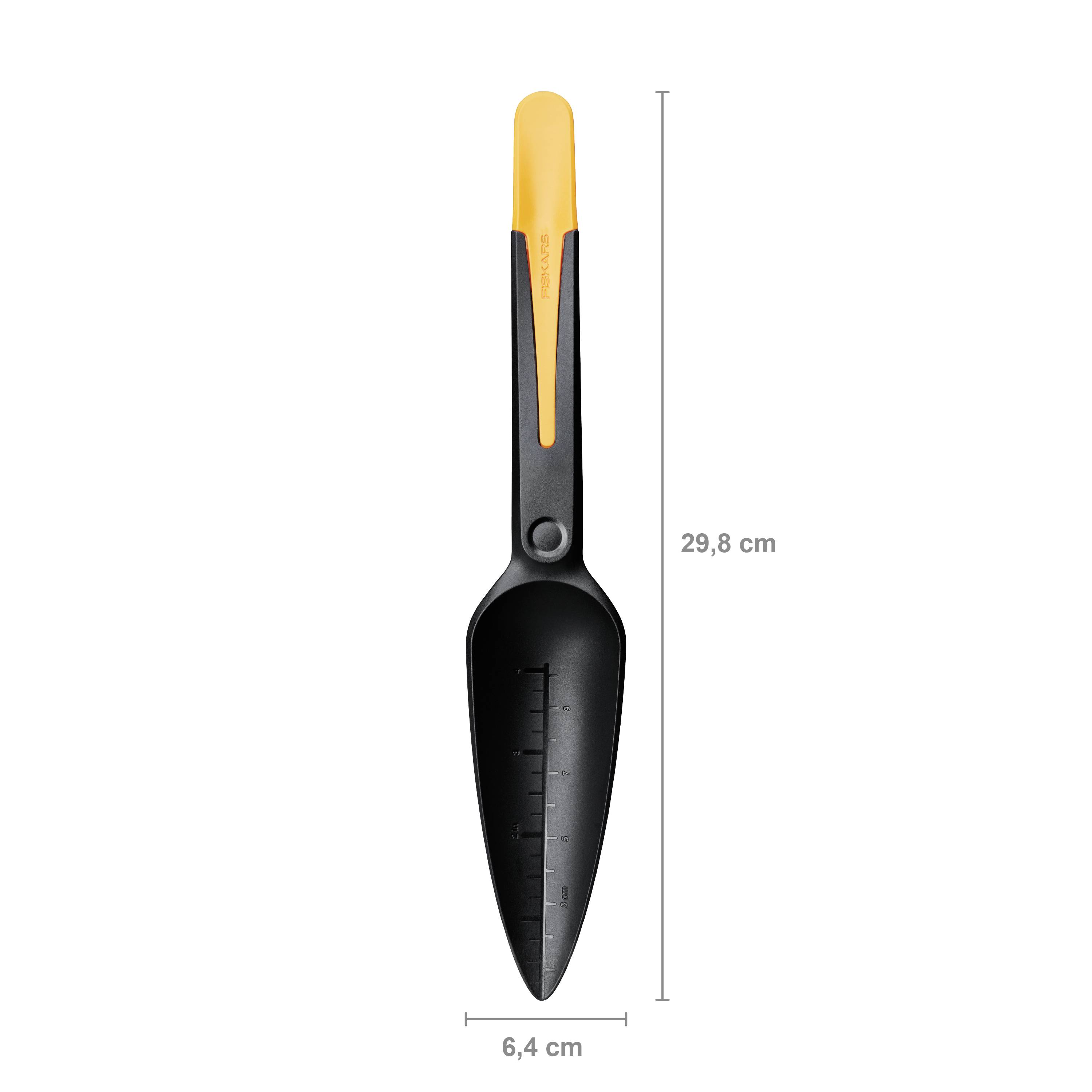 Łopatka ręczna z czarnym ostrzem, żółtą rączką, długości 29,8 cm, szerokości 6,4 cm. Odpowiednia do kopania i przesadzania roślin.