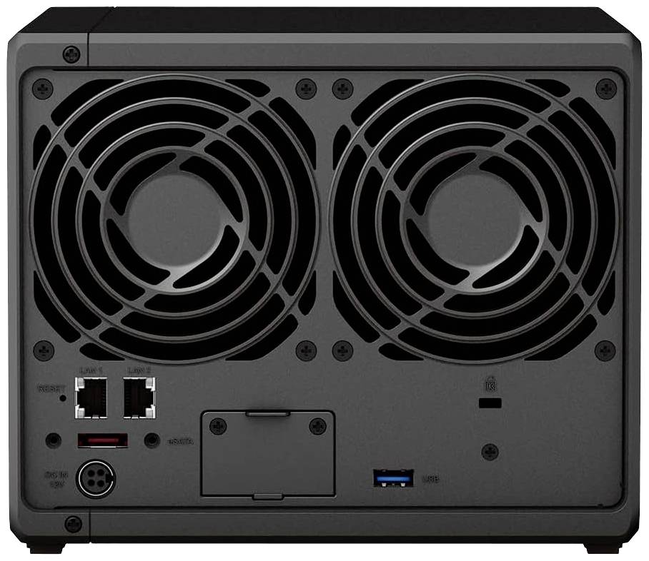 Tylna strona urządzenia Network Attached Storage (NAS) z dwoma wentylatorami, złączami LAN, złączem USB i innymi interfejsami.