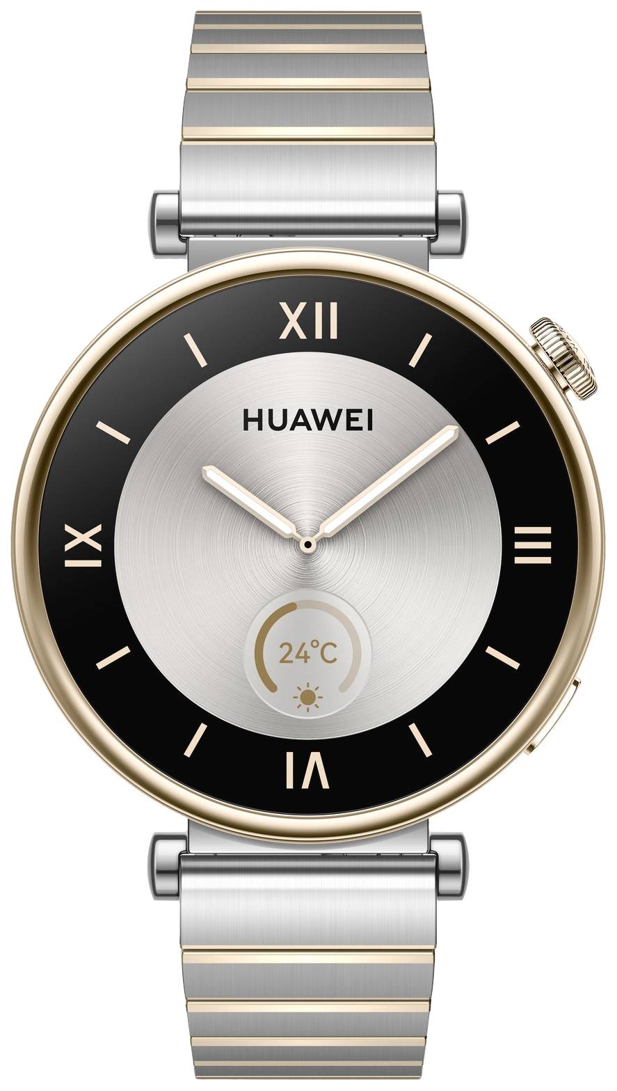Elegancki smartwatch Huawei z okrągłą tarczą, cyframi rzymskimi i wskaźnikiem temperatury. Bransoleta metalowa w kolorze srebrnym i złotym.
