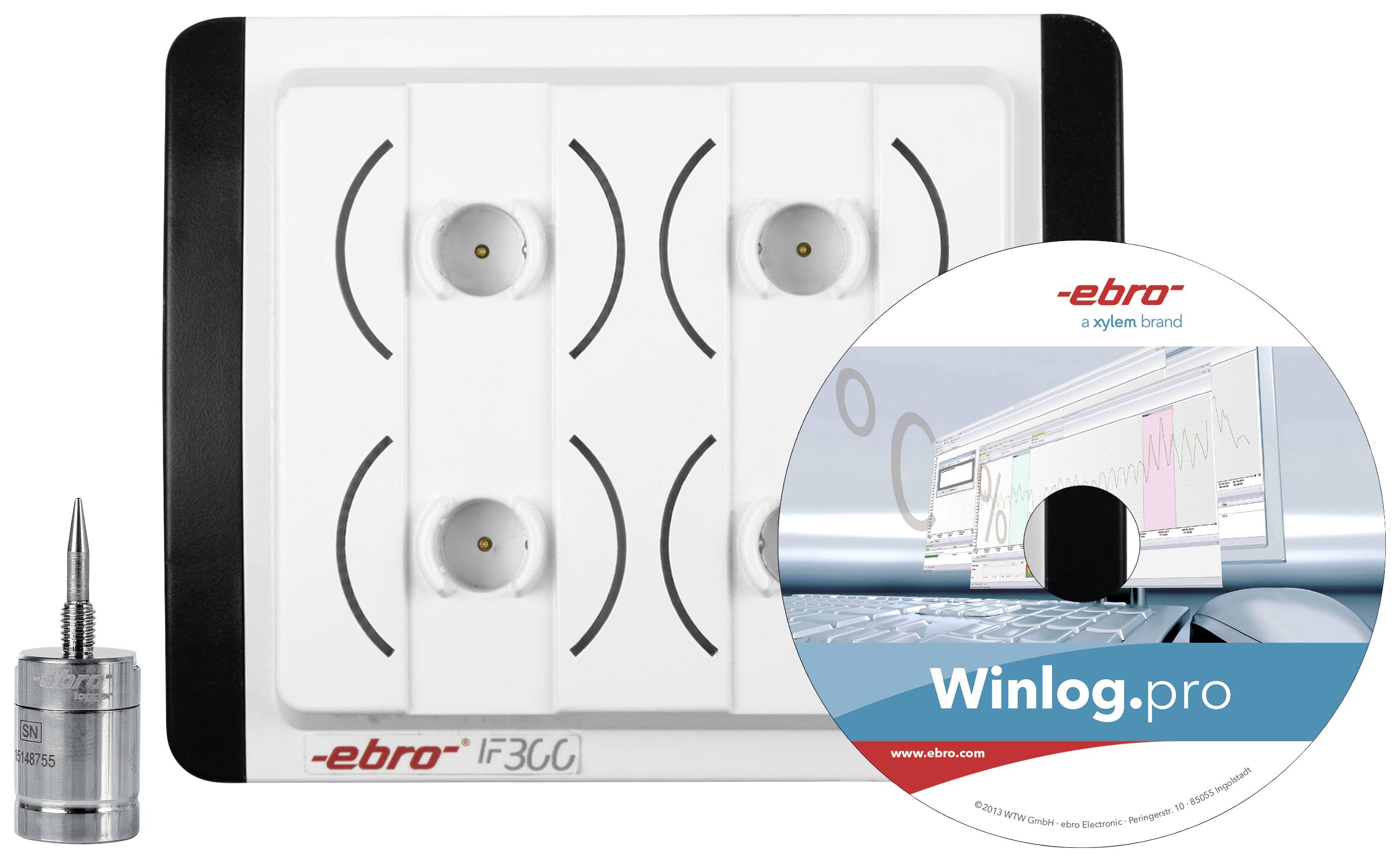 Zestaw rejestratora danych: Interfejs Ebro IF 300 dla 4 rejestratorów z oprogramowaniem Winlog.pro na płycie CD, wraz z uchwytem i sensorem na zdjęciu.