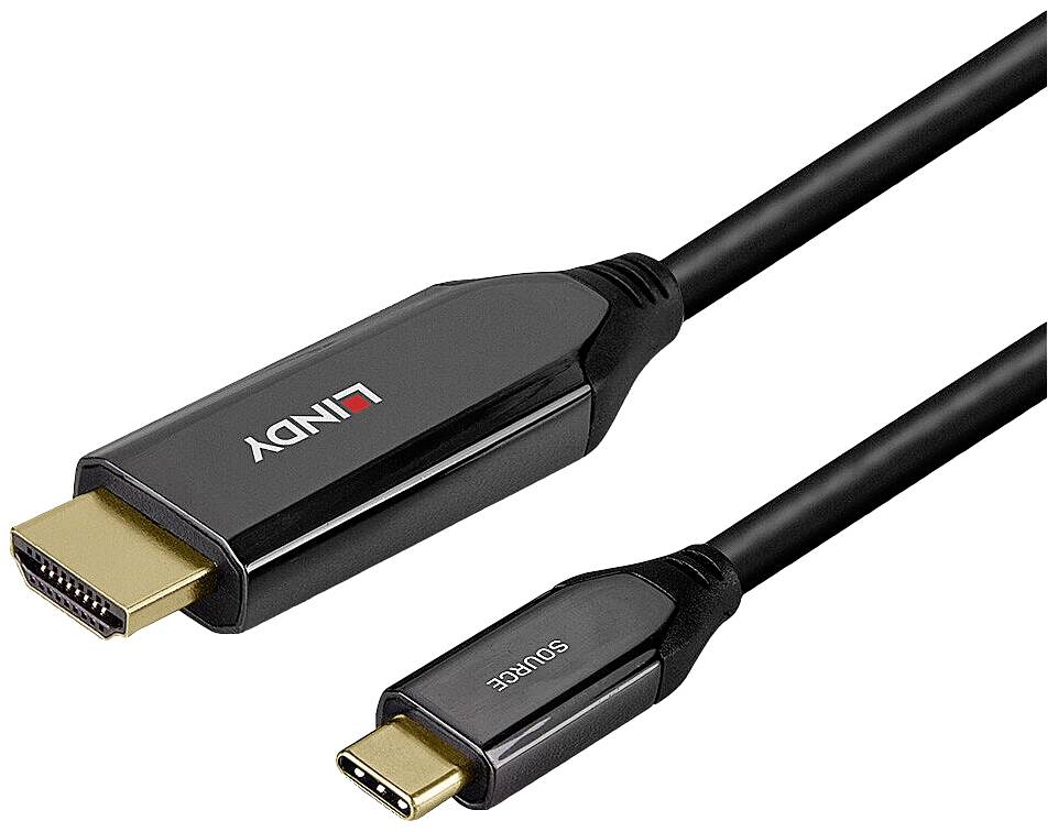 Kabel USB-C na HDMI z oznaczoną wtyczką źródłową, w kolorze czarnym i złotym.