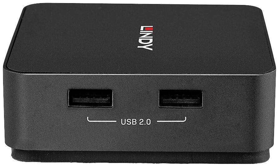 Czarny hub USB z nazwą marki 'LINDY' na górnej powierzchni. Posiada dwa porty USB 2.0 z przodu.