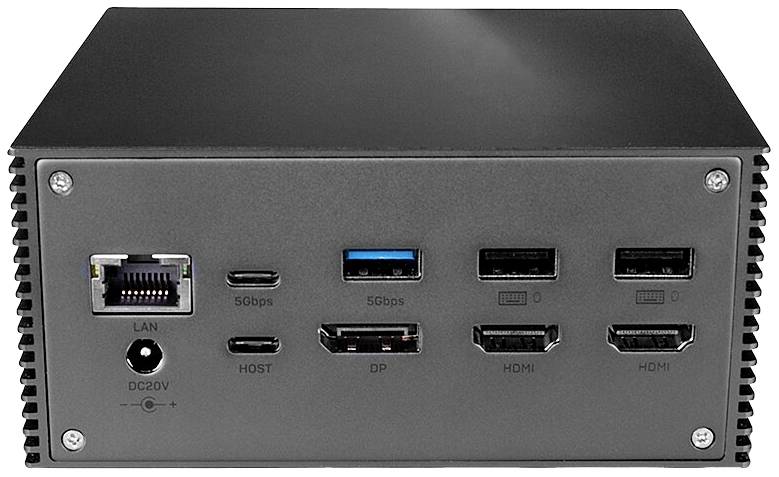 Czarny, prostokątny elektroniczny sprzęt z portami z tyłu: LAN, USB, DP, HDMI oraz gniazdo zasilania.