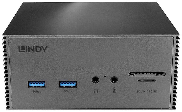 Czarny minikomputerek firmy Lindy z dwoma portami USB, wejściem i wyjściem audio oraz czytnikiem kart SD/Micro SD na przedniej ściance.