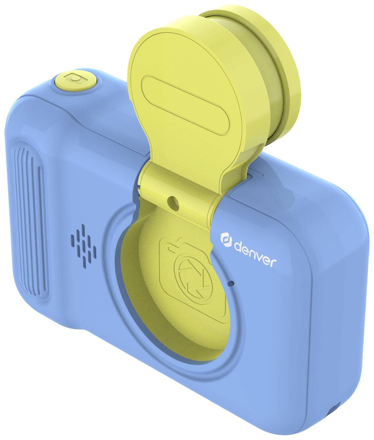 Kompaktowy niebieski aparat fotograficzny z żółtą, składaną nakładką obiektywu i przyciskiem na górze. Logo marki na przedniej stronie.