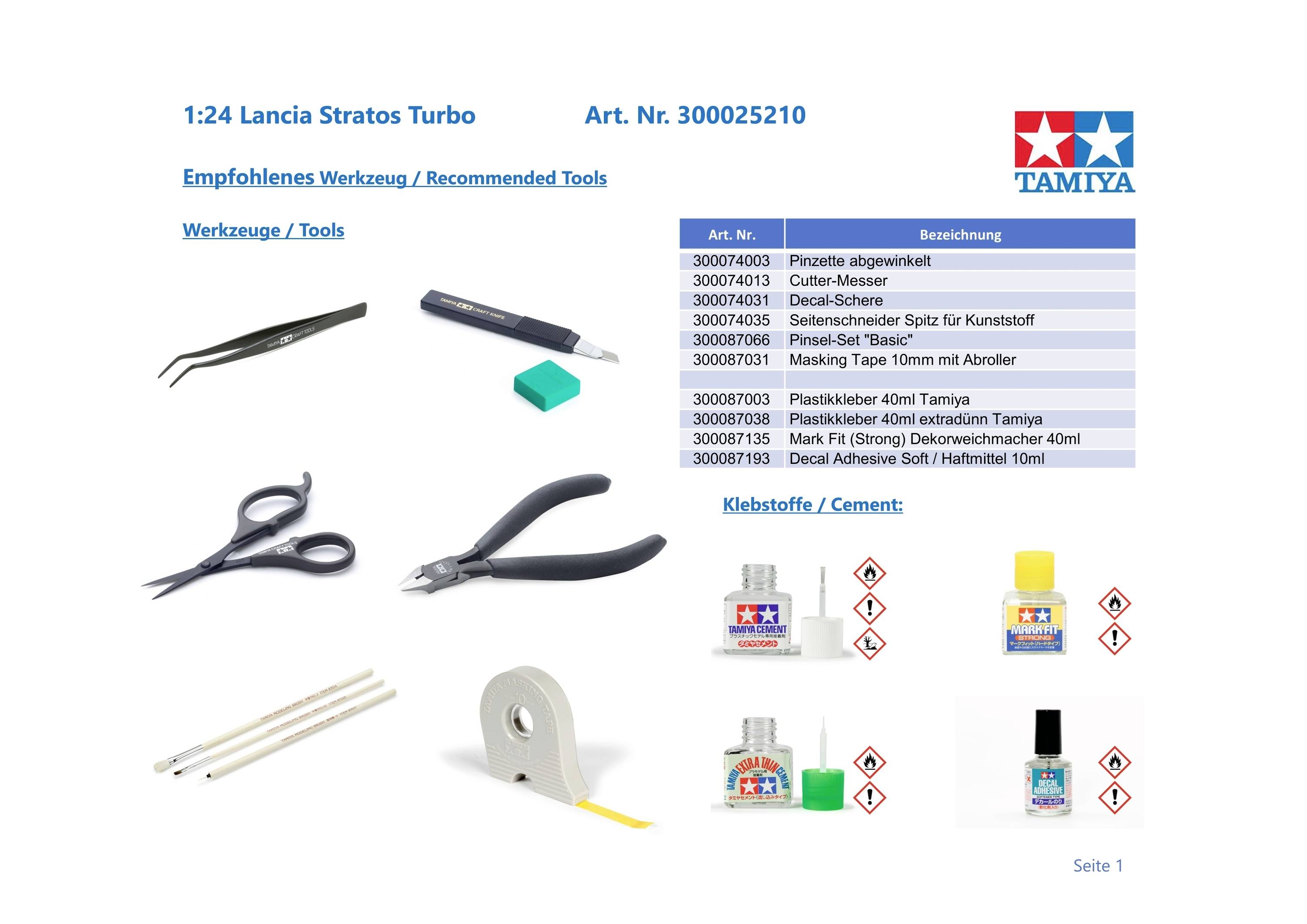 'Prezentacja zalecanych narzędzi do zestawu modelarskiego Lancia Stratos Turbo w skali 1:24 firmy Tamiya. Na ilustracji: nożyczki, szczypce boczne, klej i więcej.'