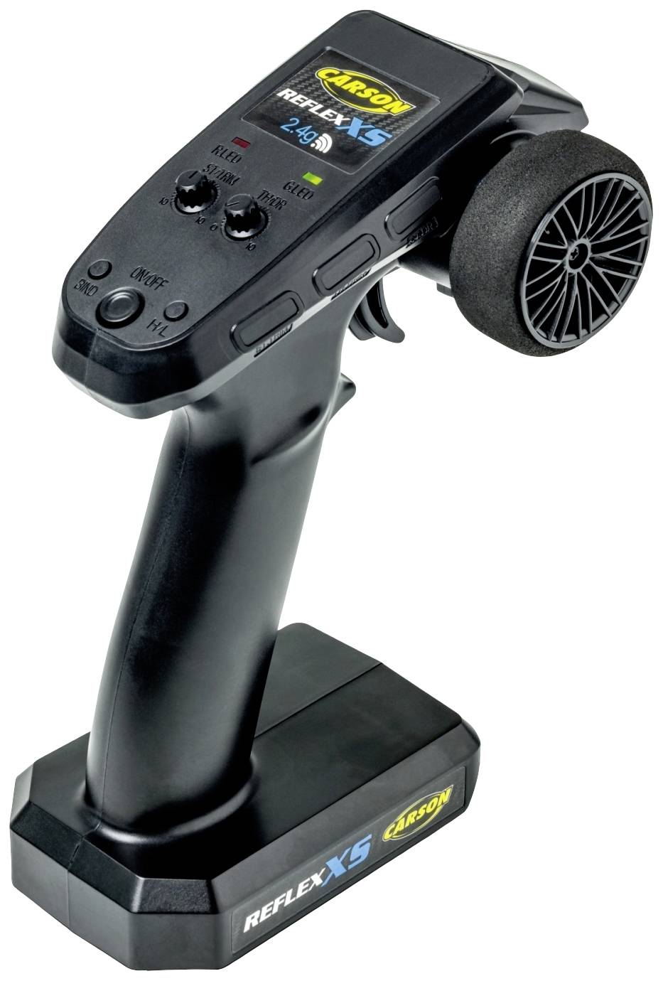 Bezprzewodowy pilot zdalnego sterowania z czarną rączką i sterowaniem na kierownicy z boku, odpowiedni do modeli samochodów, z przyciskami i wyświetlaczem na górnej powierzchni.