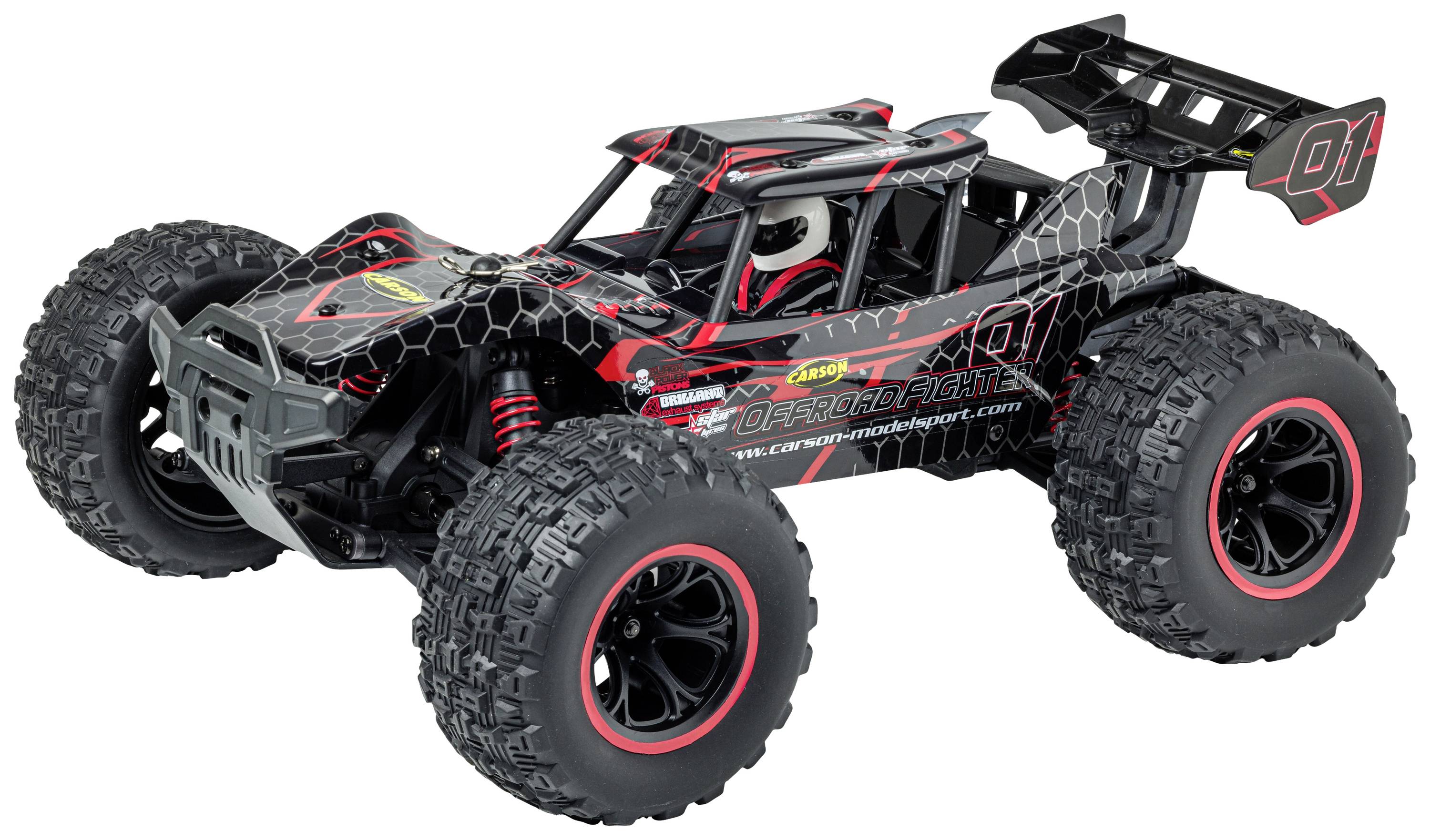 Zdalnie sterowany samochód w stylu terenowym z dużymi, solidnymi oponami i nadwoziem w kolorach czarnym i czerwonym.