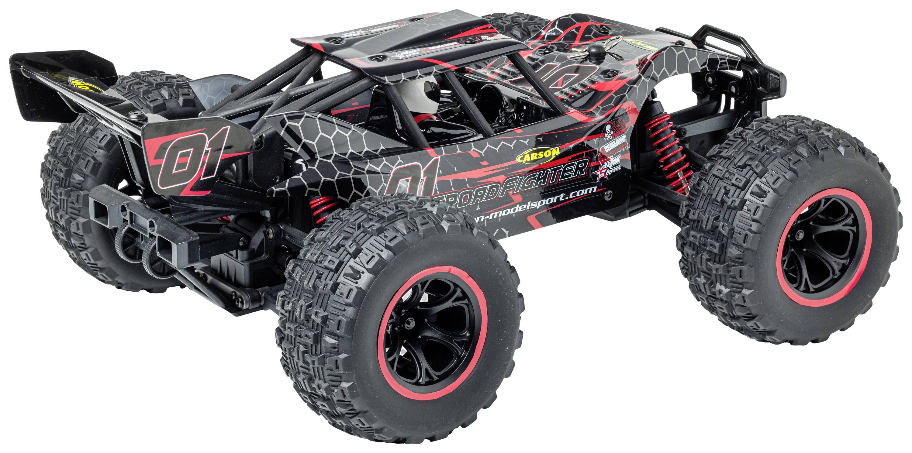 Zdalnie sterowany samochód z dużą oponą terenową i wytrzymałym podwoziem, ozdobiony czerwonymi i czarnymi akcentami oraz numerem '01'.