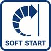 Niebieski symbol przedstawia biały spiralny strzałek skierowany na ścianę. Pod spodem widnieje napis 'SOFT START'.