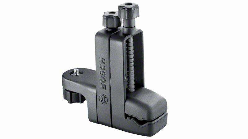 Czarny uchwyt ścienny Bosch z regulowanym mechanizmem zaciskowym, odpowiedni do mocowania narzędzi lub urządzeń.