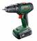 Zielony akumulatorowy wkrętak marki Bosch, model UniversalDrill 18V, z czarną rękojeścią i czerwonym spustem, stoi pionowo.