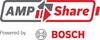 Logo 'AMPShare' ze strzałkami skierowanymi w górę i w prawo, poniżej napis 'Powered by BOSCH' z logotypem Bosch.
