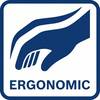 Symbol przedstawia stylizowaną dłoń z napisem 'Ergonomic', co sugeruje ergonomiczny projekt lub funkcjonalność.