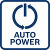 Symbol 'Auto Power' z niebieskim kołem i białą strzałką skierowaną w górę. Wskazuje funkcję automatycznego włączania.