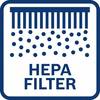 Symbol filtra HEPA przedstawia oczyszczanie powietrza z małymi cząsteczkami wciąganymi przez filtr. Tekst: 'FILTR HEPA'.