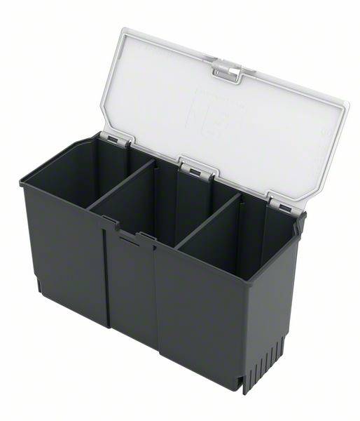 'Czarny pojemnik z tworzywa sztucznego z trzema przegródkami i przezroczystą, składaną pokrywą. Odpowiedni do przechowywania małych przedmiotów.'