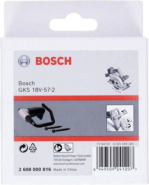 Etykieta opakowania dla Bosch GKS 18V-57-2, przedstawiająca ilustrację piły tarczowej i wyposażenia dodatkowego. Zawiera numer artykułu i informacje producenta.