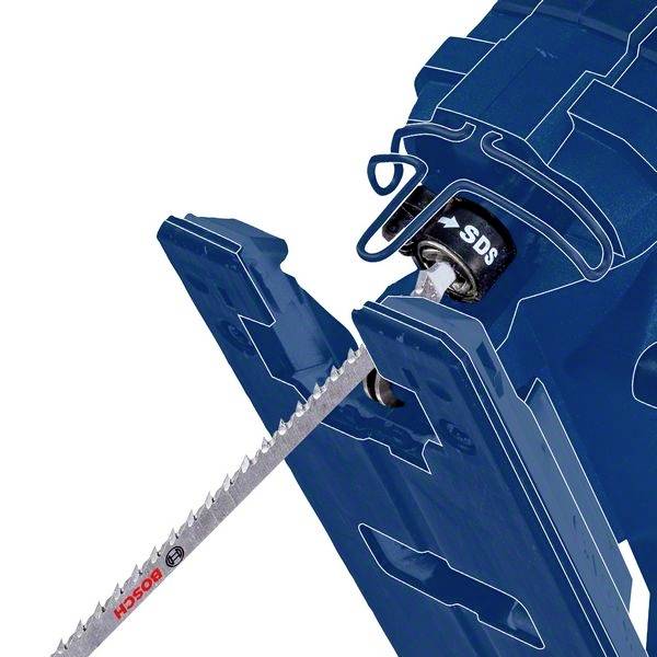 Wyrzynarka z zamontowanym brzeszczotem jest pokazana z boku. Piła posiada system szybkiej wymiany SDS.