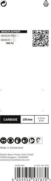 Etykieta opakowania dla profesjonalnej piły tarczowej Bosch z węglika spiekanego, o średnicy 100 mm, 6 zębów, wyprodukowanej w Szwajcarii.
