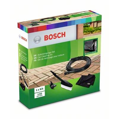 Zestaw do czyszczenia samochodu firmy Bosch: Zawiera wąż, szczotkę i ściereczkę. Idealny do pielęgnacji samochodu. Opakowanie z wizualizacją produktu i logo marki.