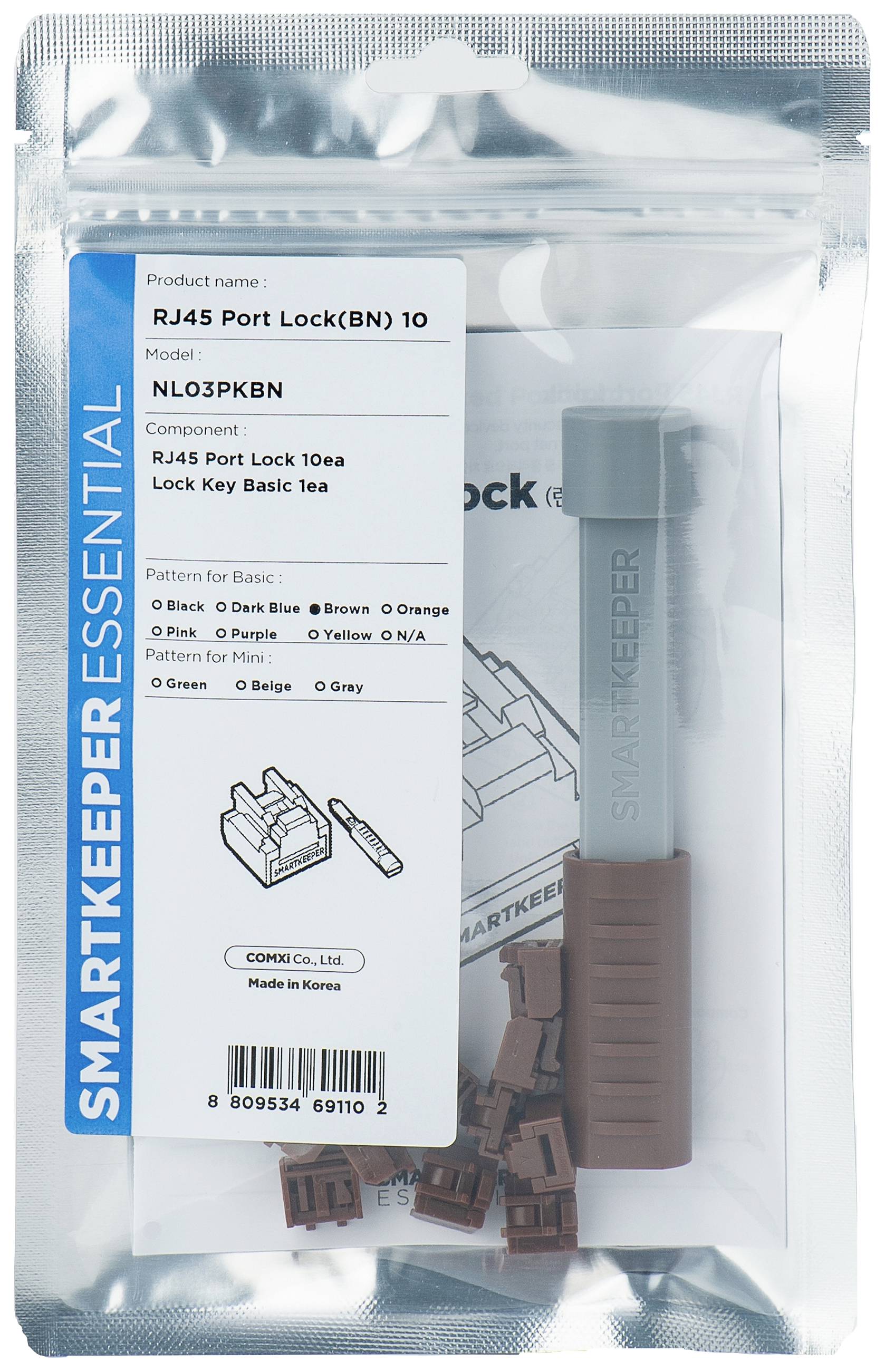 Opakowanie z blokadą portu 'RJ45' i akcesoriami. Zawiera szczegóły takie jak numer modelu 'NLO3PKBN' oraz klasę ochrony.