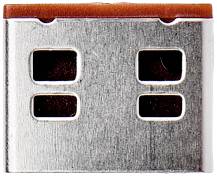Metalowy wtyk USB, o kwadratowym kształcie, z dwoma owalnymi stykami po każdej stronie oraz brązową plastikową górną częścią.