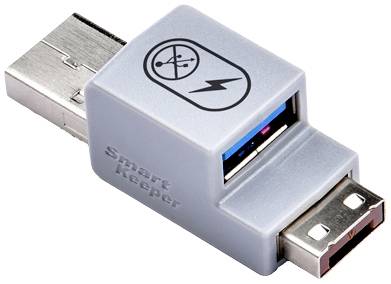 Szary adapter USB z symbolami blokowania danych i przepływu prądu.