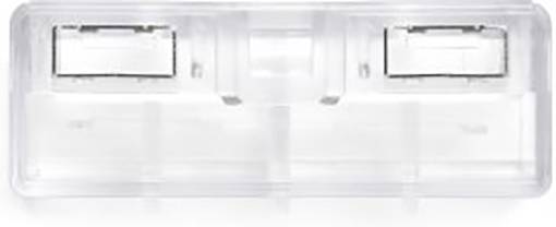 Przezroczysty, prostokątny pojemnik z tworzywa sztucznego z dwoma wewnętrznymi przegródkami, z których każda zawiera cienką metalową ostrze.