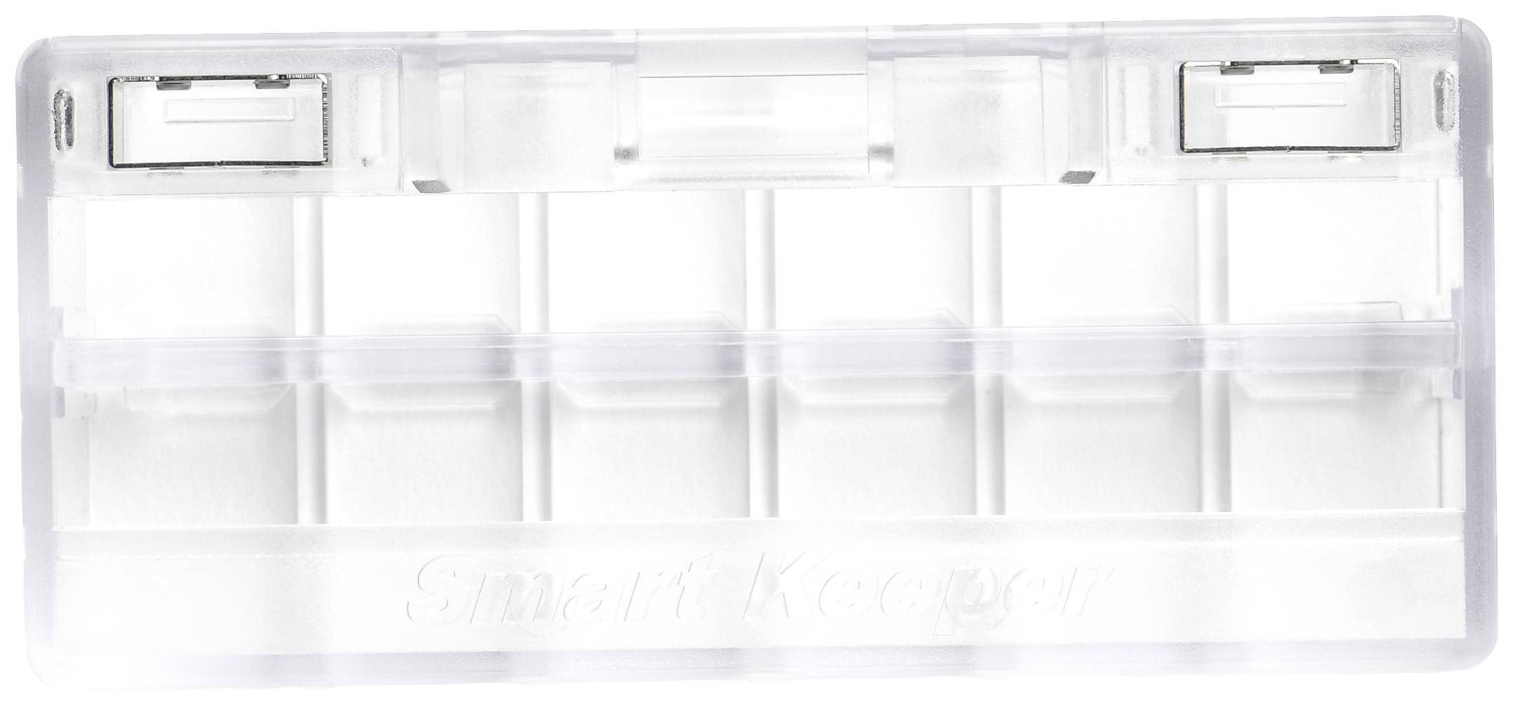 Przezroczyste etui do przechowywania z wieloma przegródkami, odpowiednie do organizowania i przechowywania małych przedmiotów lub elementów.