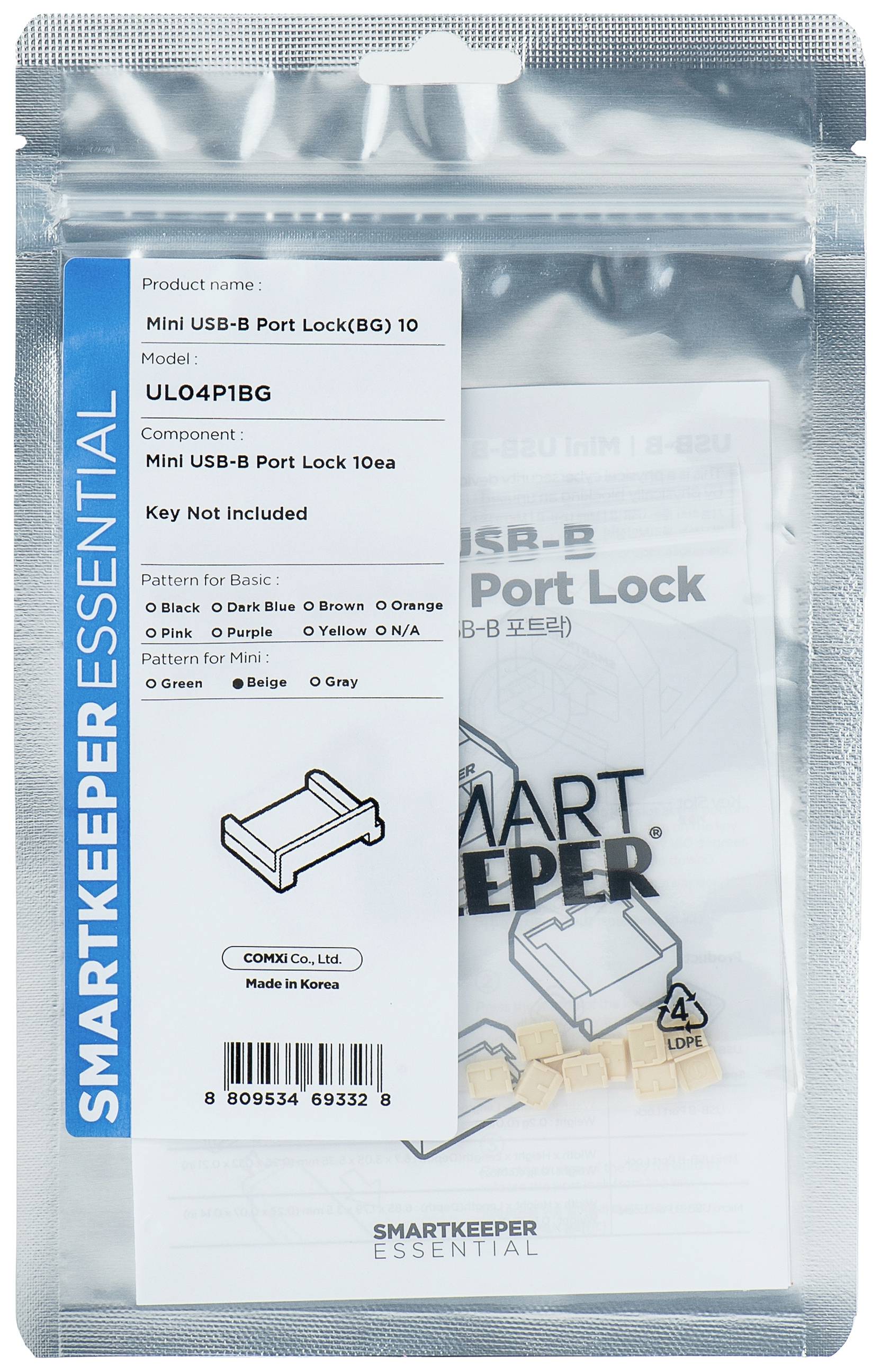 Blokada portu Mini USB-B, opakowanie zbiorcze 10 sztuk, model UL04P1BG. Bez klucza, wyprodukowane w Korei. Opis produktu i rysunek widoczne.