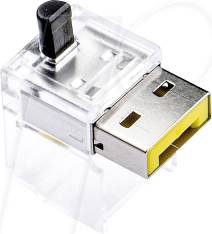 Mały wtyk USB z przezroczystą obudową z tworzywa sztucznego i czarnym przyciskiem, prawdopodobnie kompaktowy adapter lub dongle.