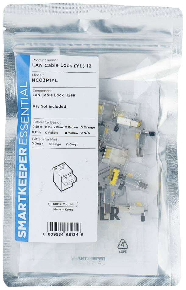 Torba z dwunastoma blokadami kabli LAN oraz etykietą 'SMARTKEEPER ESSENTIAL'. Bez klucza.