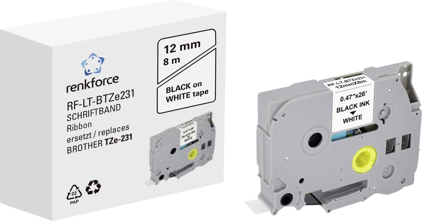 Запасна стрічка для друку Renkforce RF-LT-BTZe231 Brother TZe-231, 12 мм, колір стрічки: білий, колір друку: чорний, 8 м