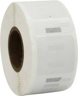 Rolka białych, samoprzylepnych etykiet; odpowiednia do urządzeń etykietujących lub drukarek.